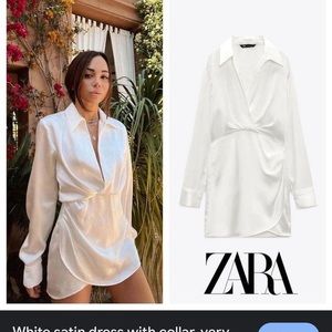 Zara White Satin Dress With Collar